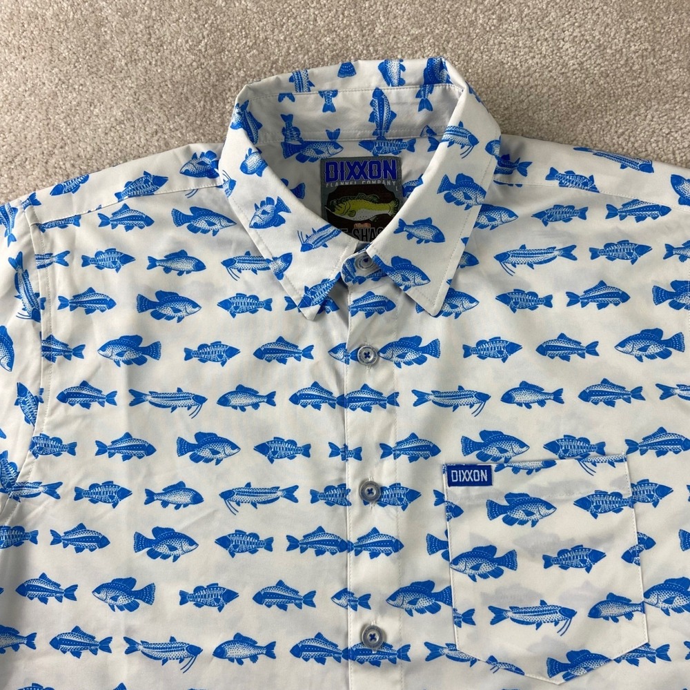 Dixxon Flannel Co The Shasta Shirt Mens Large White Blue Fish Print Short Sleeve